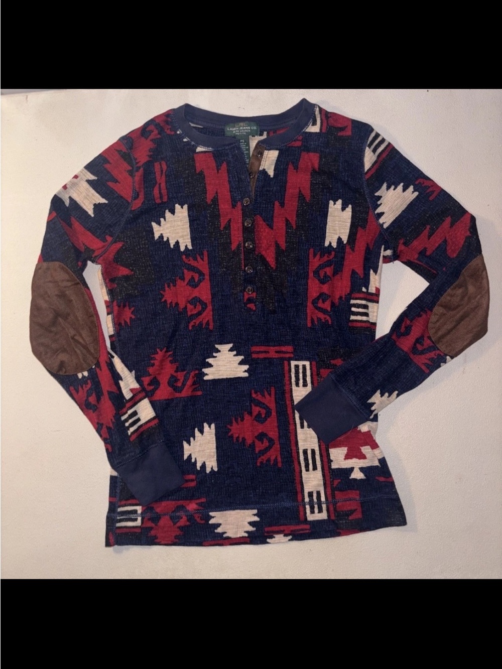LRL Ralph Lauren Jeans Y2K Red Blue Aztec Southwestern Elbow Patch L/S Henley PS